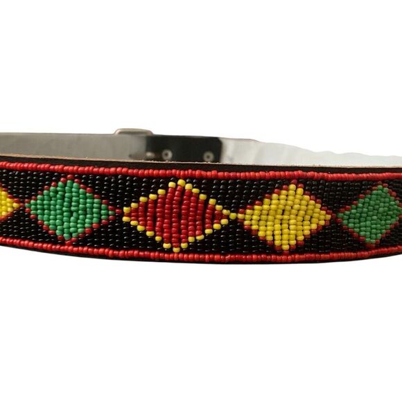 Beaded Leather Waist Belt Handmade Size 38 Red Yellow Green Boho Hippie Festival - Picture 5 of 10
